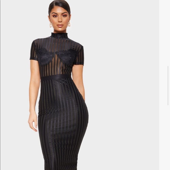 Black High Neck Lace Lined Midi Dress - Picture 1 of 1